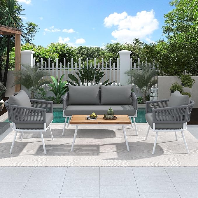 4-Piece Outdoor Patio Furniture Boho Rope Weave Set, Conversation Loveseat Sofa&Chairs with Acacia Wood Table and Thick Cushions, for Garden Backyard Balcony, Onesize, Beige