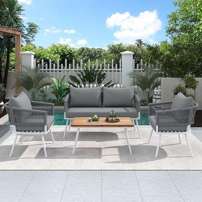 4-Piece Outdoor Patio Furniture Boho Rope Weave Set, Conversation Loveseat Sofa&Chairs with Acacia Wood Table and Thick Cushions, for Garden Backyard Balcony, Onesize, Beige