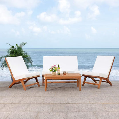 SAFAVIEH Outdoor Collection Chaston Wood Cushion 4-Piece Conversation Patio Set PAT7044F, Natural/Beige