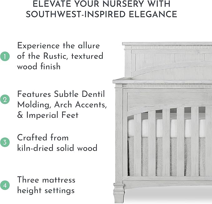 Evolur Santa Fe 5-in-1 Convertible Crib in Antique Mist, Greenguard Gold Certified, Features 3 Mattress Heights, Wooden Nursery and Bedroom Furniture, Baby Crib