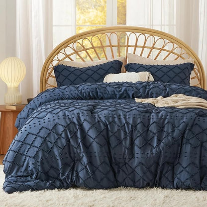 Bedsure Queen Comforter Set - Navy Blue Comforter, Boho Tufted Shabby Chic Bedding Comforter Set, 3 Pieces Vintage Farmhouse Bed Set for All Seasons, Fluffy Soft Bedding Set with 2 Pillow Shams