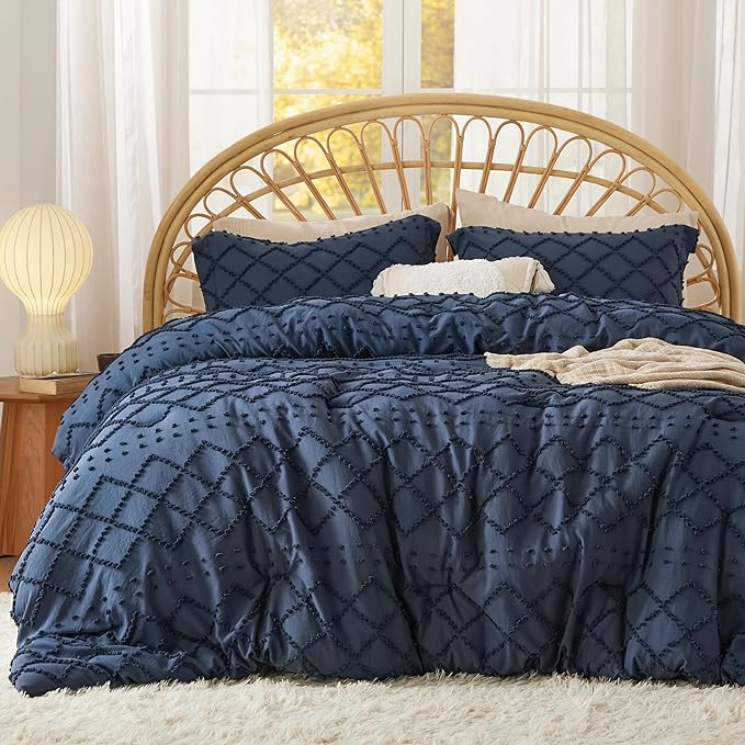 Bedsure King Size Comforter Set - Navy Blue Comforter, Boho Tufted Shabby Chic Bedding Comforter Set, 3 Pieces Farmhouse Bed Set for All Seasons, Fluffy Soft Bedding Set with 2 Pillow Shams