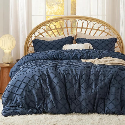 Bedsure King Size Comforter Set - Navy Blue Comforter, Boho Tufted Shabby Chic Bedding Comforter Set, 3 Pieces Farmhouse Bed Set for All Seasons, Fluffy Soft Bedding Set with 2 Pillow Shams