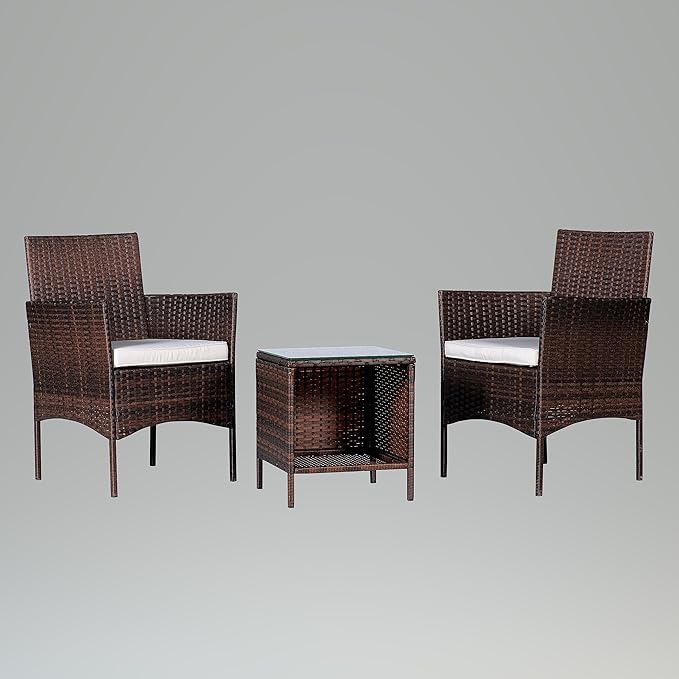 BTEXPERT Outdoor Wicker Conversation 3 Piece Bistro Garden Patio Yard Porch Furniture Space Saving Pe Rattan Two Chairs Cushions Side Storage Glass Table Brown/Beige 3pc Set, OneSize