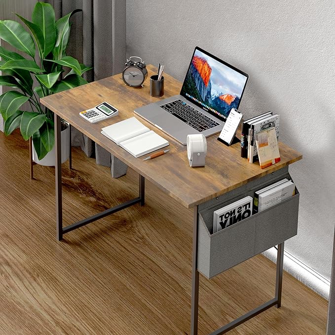 HealSmart Writing Study Worktable for Bedroom Small Desk, Modern Simple Style PC Table with Storage Bag, 47 Inch, Brown-New Version