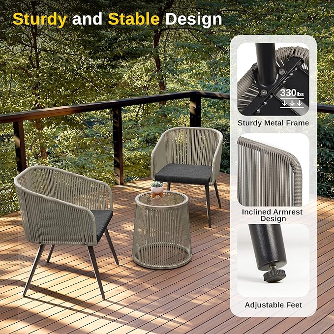 EAST OAK Breezeway Patio Furniture Set, 3-Piece Outside Bistro Set Handwoven Rattan Wicker Chairs with Waterproof Cushions, Tempered Glass Table, Outdoor Conversation Set, Light Grey & Dark Grey