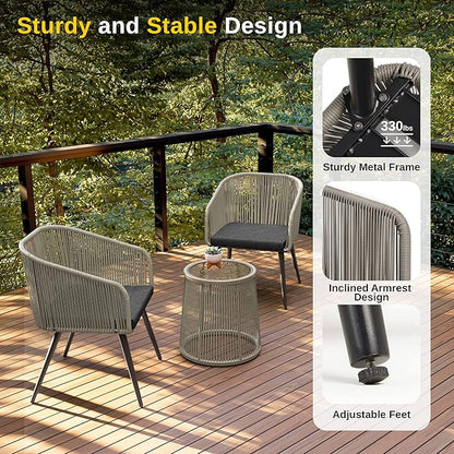 EAST OAK Breezeway Patio Furniture Set, 3-Piece Outside Bistro Set Handwoven Rattan Wicker Chairs with Waterproof Cushions, Tempered Glass Table, Outdoor Conversation Set, Light Grey & Dark Grey