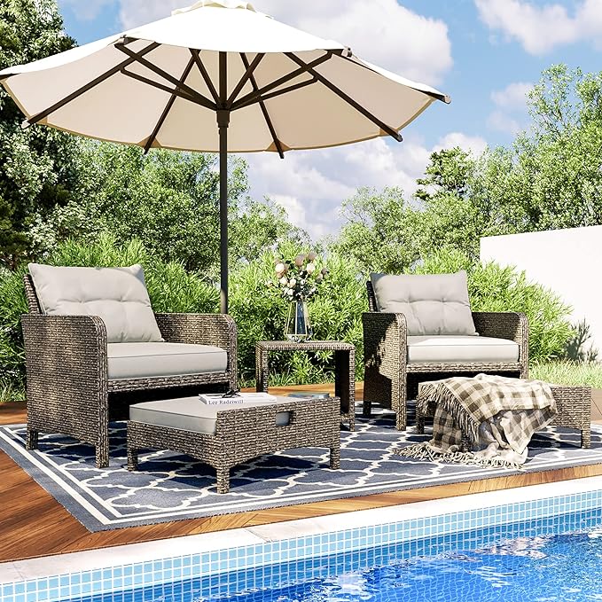 Pamapic 5 Pieces Wicker Patio Furniture Set Outdoor Patio Chairs with Ottomans Conversation Furniture with coffetable for Poorside Garden Balcony(Grey Cushion +Grey Rattan)…