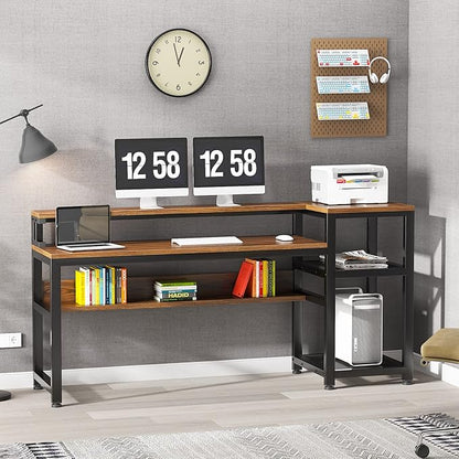soges 62 Inch Computer Desk with Elevated Monitor Shelf, Home Office Desk with Storage Shelves, CPU Stand, Study Writing Table Workstation with Printer Stand
