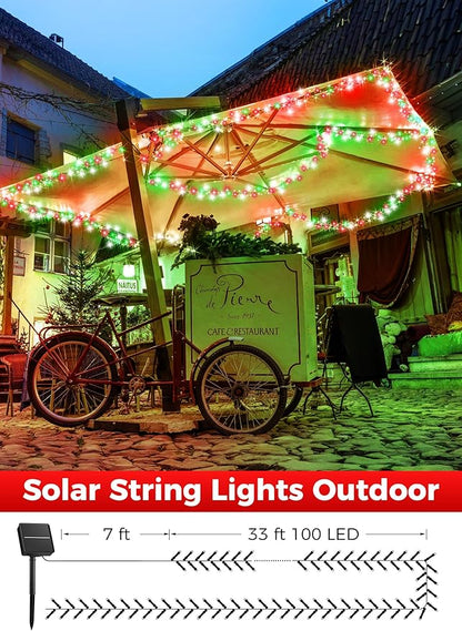 Minetom Solar Christmas Lights Outdoor Waterproof, 40FT 100 LED Solar Lights with 8 Modes, Solar Christmas Outdoor Decoration, Solar String Lights for Outside House Tree Party Yard, Red Green & White