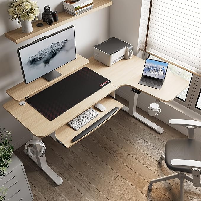 EUREKA ERGONOMIC Standing Desk Adjustable Height 61" Electric Sit Stand Computer Desk L Shaped with Keyboard Tray,Monitor Stand &LED, Dual Motor Memory Presets Sit to Desk Adjustable Desk, Right/Maple