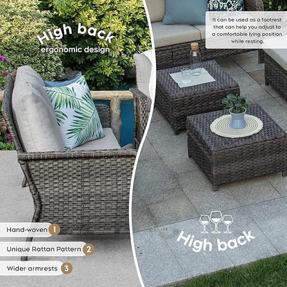 Yechen Patio Conversation Set 7 Seats with 44" Propane Gas Fire Pit Table - 6 Pcs Outdoor Wicker Furniture Set with Lid & Wind Shields - Sectional Sofa Set for Porch,Backyard