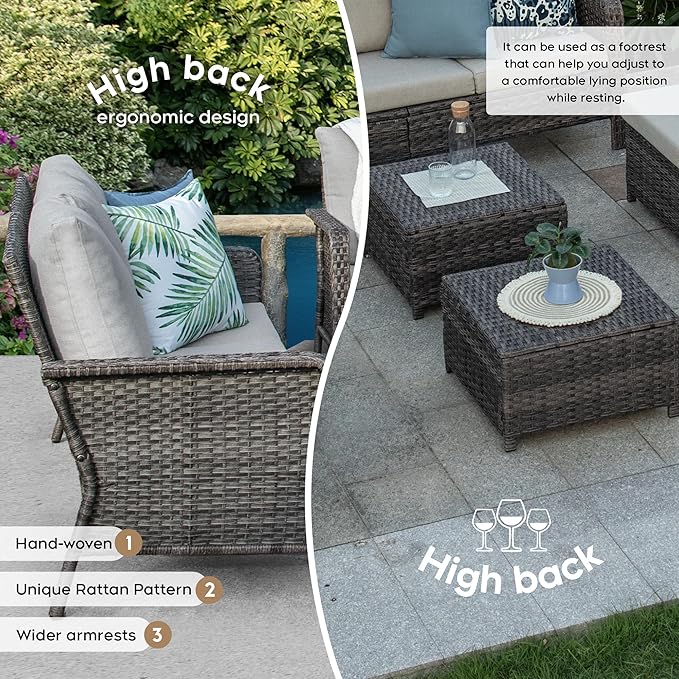 Yechen Patio Conversation Set 10 Seats with 44" Propane Gas Fire Pit Table - 7 Pcs Outdoor Wicker Furniture Set with Lid & Wind Shields - Sectional Sofa Set for Porch,Backyard