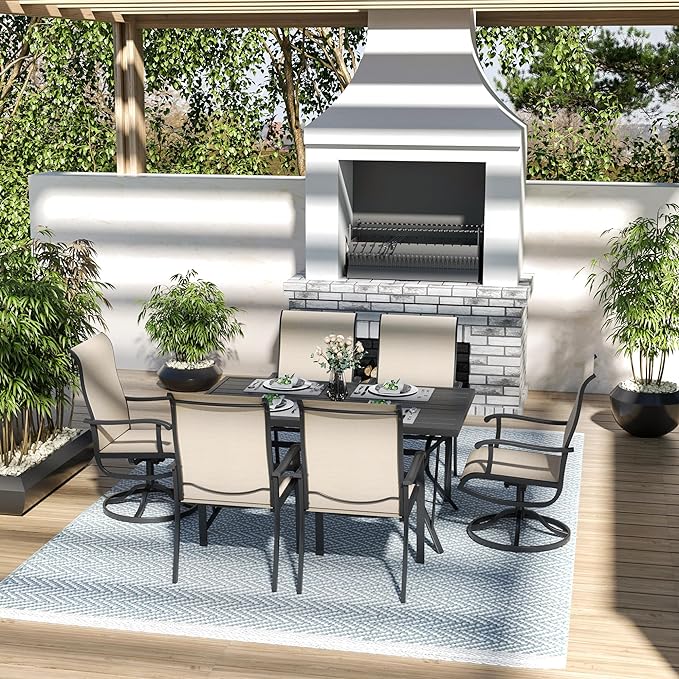 Pamapic 7 Pieces Patio Dining Set, Outdoor Dining Set for Garden Backyard Poolside Deck,Outdoor Table and Chairs Set with 4 Textilene Swivel Chairs ＆ 2 Regular Chairs,Beige