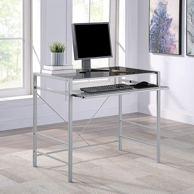 OSP Home Furnishings Zephyr Computer Desk with Keyboard Shelf and Tempered Glass Top, Black Glass and Silver Frame