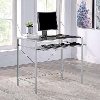 OSP Home Furnishings Zephyr Computer Desk with Keyboard Shelf and Tempered Glass Top, Black Glass and Silver Frame