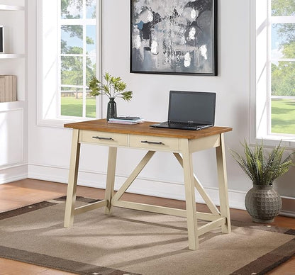 OSP Home Furnishings Milford Rustic 42 Inch Writing Desk with 2 Drawers and Burnished Decorative Hardware, Antique White