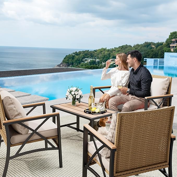 YITAHOME 4-Piece Patio Wicker Furniture Set with Wood Armrest, All Weather Rattan Conversation Furniture Sets for Backyard, Balcony, Deck w/Soft Cushions and Plastic Wood Table (Light Brown+Beige)
