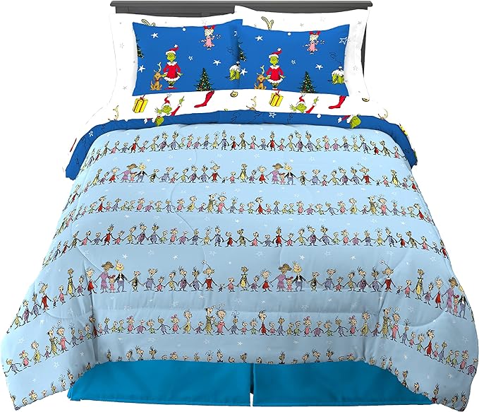 Franco Grinch by Dr. Seuss Holiday & Christmas Bedding Super Soft Comforter and Sheet Set with Sham, 7 Piece Full Size (Official Dr. Seuss product)