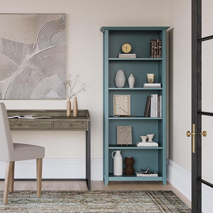 SIMPLIHOME Amherst SOLID WOOD 30 Inch Wide Transitional 5 Shelf Bookcase in French Blue, for The Living Room, Study Room and Office