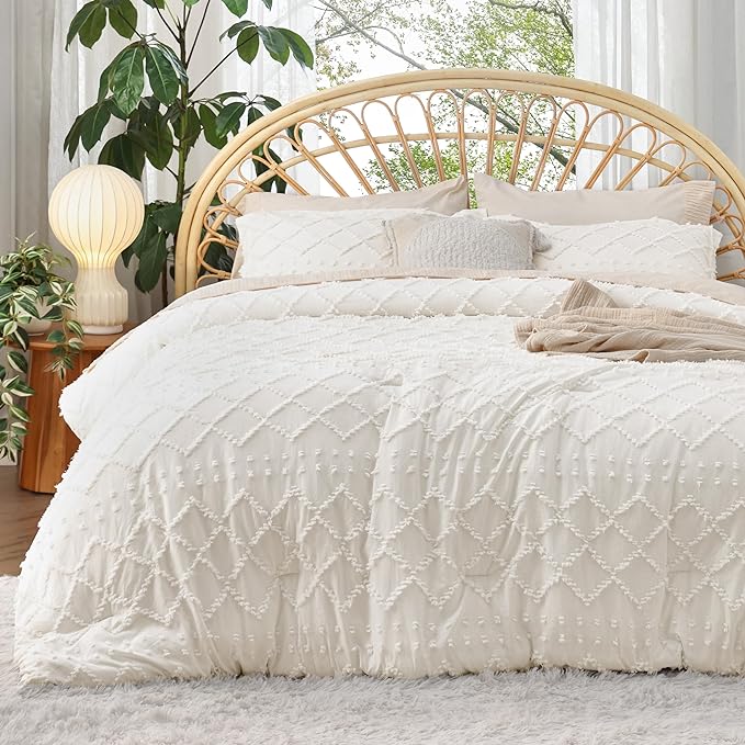 Bedsure Twin/Twin XL Comforter Set - Ivory Boho Twin Extra Long Comforter Set for College, Shabby Chic Dorm Bedding Set, 2 Pieces Modern Farmhouse Bed Set, includes 1 Pillow Sham