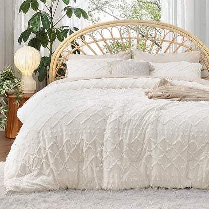 Bedsure King Size Comforter Set - Ivory Boho Comforter, Tufted Shabby Chic Bedding Comforter Set, 3 Pieces Vintage Farmhouse Bed Set for All Seasons, Fluffy Soft Bedding Set with 2 Pillow Shams