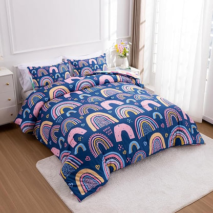 Btargot Lightweight Soft 3 Piece Rainbow Comforter Set with 2 Pillow Covers, Cartoon Love Hearts Suns and Stars Bedding Set for Girls Boys Kids, Full Dark Blue