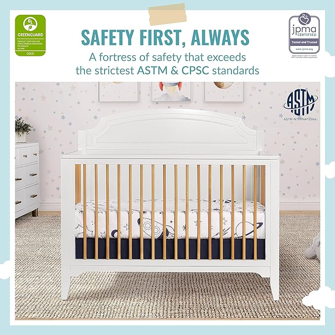 JPMA & Greenguard Gold Certified Milton 5-in-1 Convertible Crib Made with Sustainable New Zealand Pinewood in White and Natural, Non-Toxic Finish