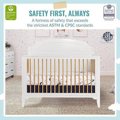 JPMA & Greenguard Gold Certified Milton 5-in-1 Convertible Crib Made with Sustainable New Zealand Pinewood in White and Natural, Non-Toxic Finish