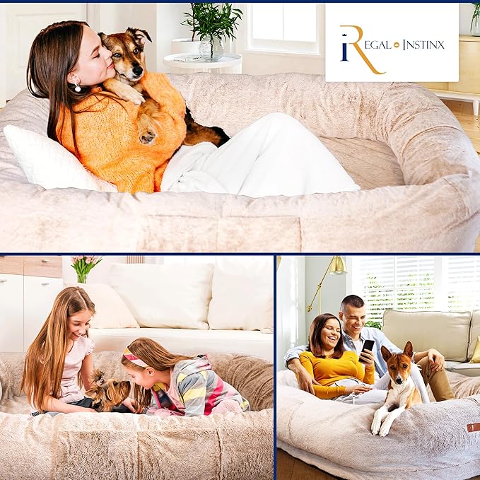 Human Dog Bed for Adult - Giant Dog Bed for Humans – Fluffy with Washable Cover, Nonslip, Waterproof Lining, Storage Pockets, Soft blanket – Ideal for Adults and Kids, Sized to Fit Small to Large Pets