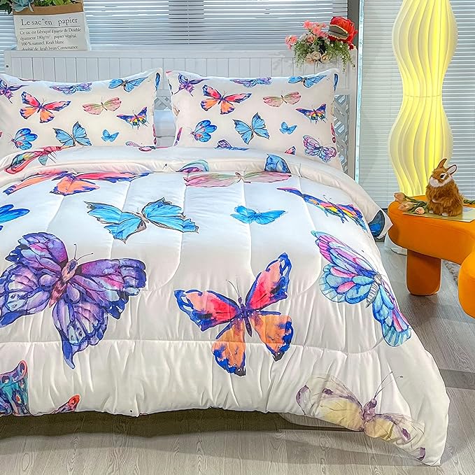 CVHOUSE Bedding Set, Queen, Butterfly Design for Girls Kids Teens, 1 Comforter and 2 Pillow Cases