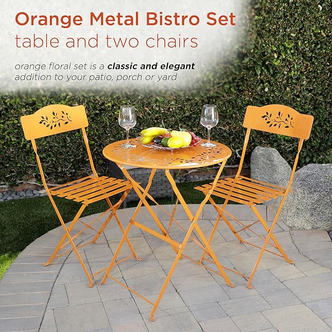 Alpine Corporation Indoor/Outdoor 3-Piece Bistro Set Folding Table and Chairs Patio Seating, Each, Orange