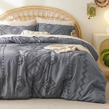 Bedsure Boho Comforter Set Full - Dark Grey Tufted Bedding Comforter Set, 3 Pieces Farmhouse Shabby Chic Embroidery Bedding Set, Soft Geometric Pattern Comforter for All Seasons