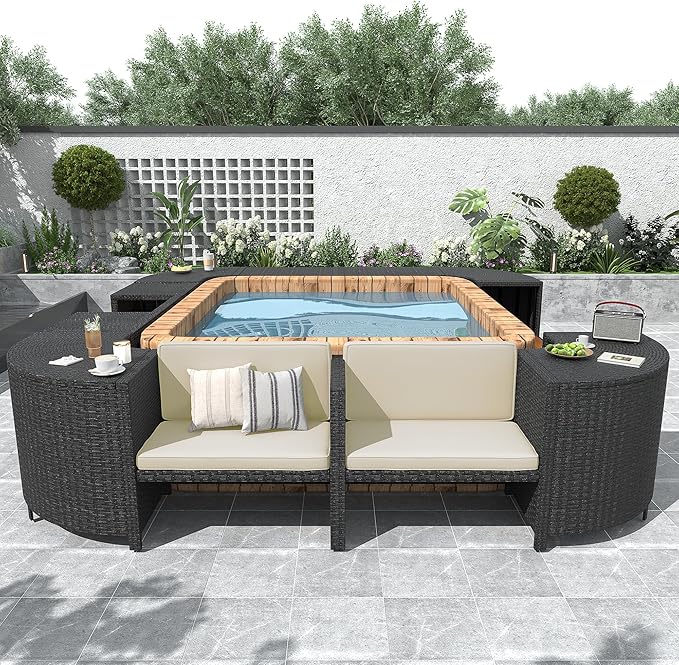Outdoor Spa Surround Set Patio Furniture with Storage Space, Wood Seatings and Waterproof Cushions, Quadrilateral Rattan Sectional Sofa, for Backyard Deck Poolside, Onesize, Beige