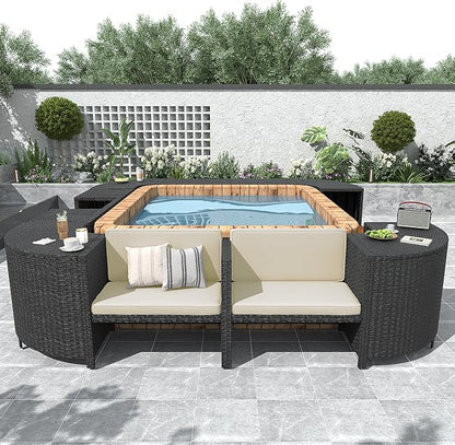 Outdoor Spa Surround Set Patio Furniture with Storage Space, Wood Seatings and Waterproof Cushions, Quadrilateral Rattan Sectional Sofa, for Backyard Deck Poolside, Onesize, Beige
