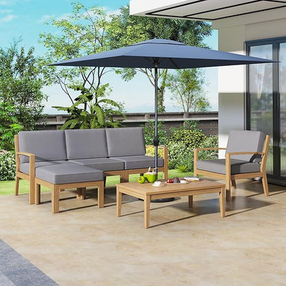 Merax 6 Pieces Sectional Sofa Solid Acacia Wood Frame Outdoor Conversation Furniture Sets with Coffee Table and Removable Cushion for Garden Backyard Patio and Poolside, Grey