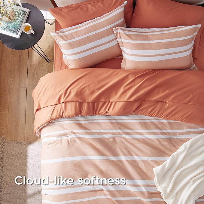 Bedsure Bed in a Bag Twin Size 5 Pieces, Burnt Orange White Striped Bedding Comforter Sets All Season Bed Set with 1 Pillow Sham, Flat Sheet, Fitted Sheet and 1 Pillowcase