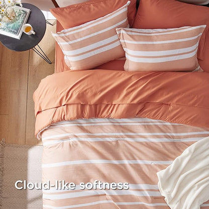 Bedsure Bed in a Bag Queen Size 7 Pieces, Burnt Orange White Striped Bedding Comforter Sets All Season Bed Set, 2 Pillow Shams, Flat Sheet, Fitted Sheet and 2 Pillowcases