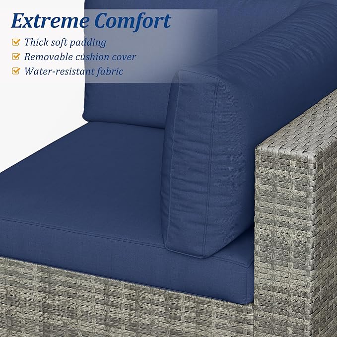 SUNVIVI OUTDOOR 7 Piece Patio Furniture Sets All Weather Gery PE Wicker Couch Sofa with Glass Table, Removable Navy Cushions
