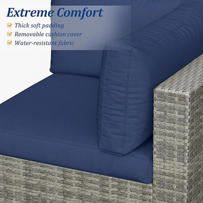 SUNVIVI OUTDOOR 7 Piece Patio Furniture Sets All Weather Gery PE Wicker Couch Sofa with Glass Table, Removable Navy Cushions