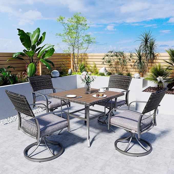 Pamapic 5 Piece Patio Dining Set for 4,Outdoor Wicker Furniture Set for Backyard Garden Deck Poolside with 4 Cushions Swivel Rocker Chairs,Square Plastic-Wood Table Top, Removable Cushions(Gray)
