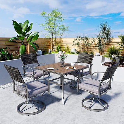 Pamapic 5 Piece Patio Dining Set for 4,Outdoor Wicker Furniture Set for Backyard Garden Deck Poolside with 4 Cushions Swivel Rocker Chairs,Square Plastic-Wood Table Top, Removable Cushions(Gray)