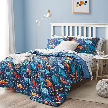 Kids Queen Bedding Comforter Set for Boys, 7 Pieces Soft Lightweight Dinosaur Bedding Queen Set with Sheets, Bed in a Bag, Durable Boys Queen Comforter Set