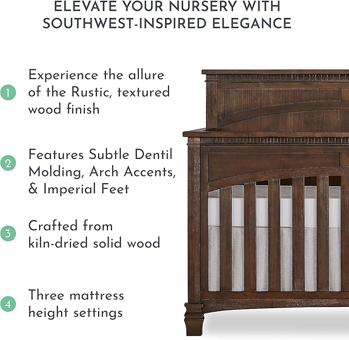 Evolur Santa Fe 5-in-1 Convertible Crib in Antique Brown, Greenguard Gold Certified, Features 3 Mattress Heights, Wooden Nursery and Bedroom Furniture, Baby Crib
