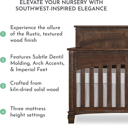 Evolur Santa Fe 5-in-1 Convertible Crib in Antique Brown, Greenguard Gold Certified, Features 3 Mattress Heights, Wooden Nursery and Bedroom Furniture, Baby Crib