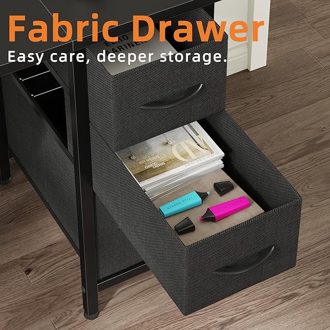 55'' Office Desk with 6 Fabric File Drawers - File Drawer Organization, Computer Work Desk, Study Writing Table, Home Office Workstation, Black.