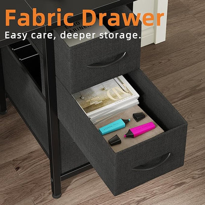 55'' Office Desk with 6 Fabric File Drawers - File Drawer Organization, Computer Work Desk, Study Writing Table, Home Office Workstation, Black.