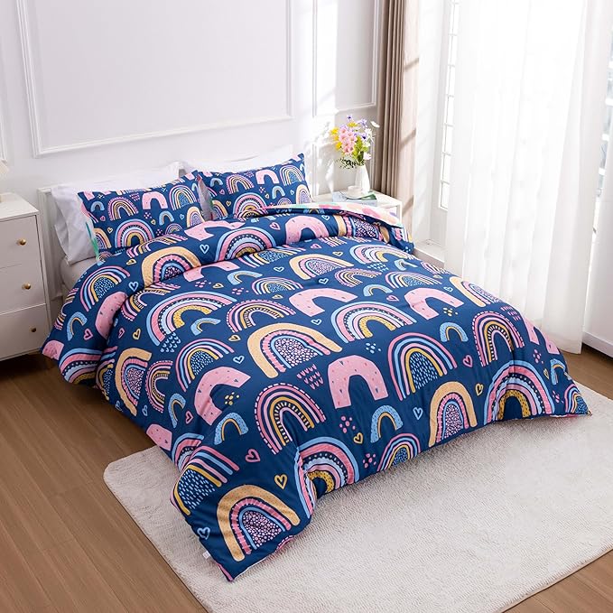 Btargot Lightweight Soft 3 Piece Rainbow Comforter Set with 2 Pillow Covers, Cartoon Love Hearts Suns and Stars Bedding Set for Girls Boys Kids, Twin Dark Blue