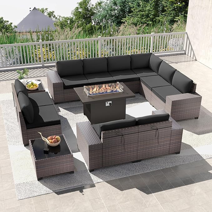 Kullavik 13PCS Outdoor Patio Furniture Set with 43" 55000BTU Gas Propane Fire Pit Table PE Wicker Rattan Sectional Sofa Patio Conversation Sets,Black