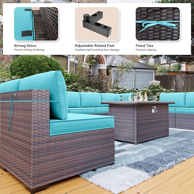 Kullavik 10 Pieces Outdoor Patio Furniture Set with 43" Gas Propane Fire Pit Table PE Wicker Rattan Sectional Sofa Patio Conversation Sets,Blue